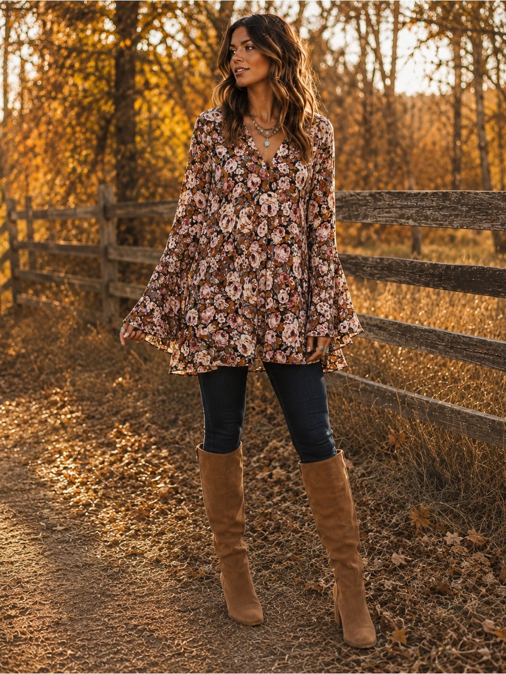 Show Me Your Mumu Floral Bell Sleeve Boho Tunic Blouse Small